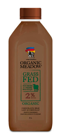 Organic Meadow 2% Organic Grass Fed Chocolate Milk 1L PET recyclable bottle.
